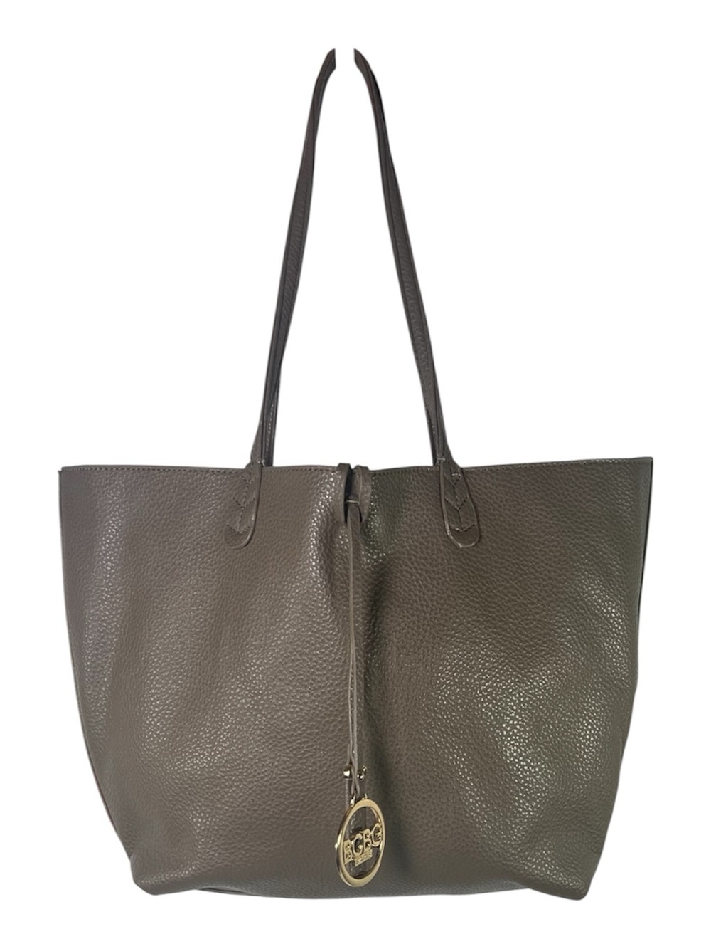 BCBG Paris Brown Pebbled Faux Leather Tote Bag Orange Interior Gold Logo Charm
